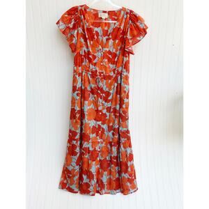 Trovata Kristine Dress Shoreline Poppy Orange Flutter Sleeve Midi Floral